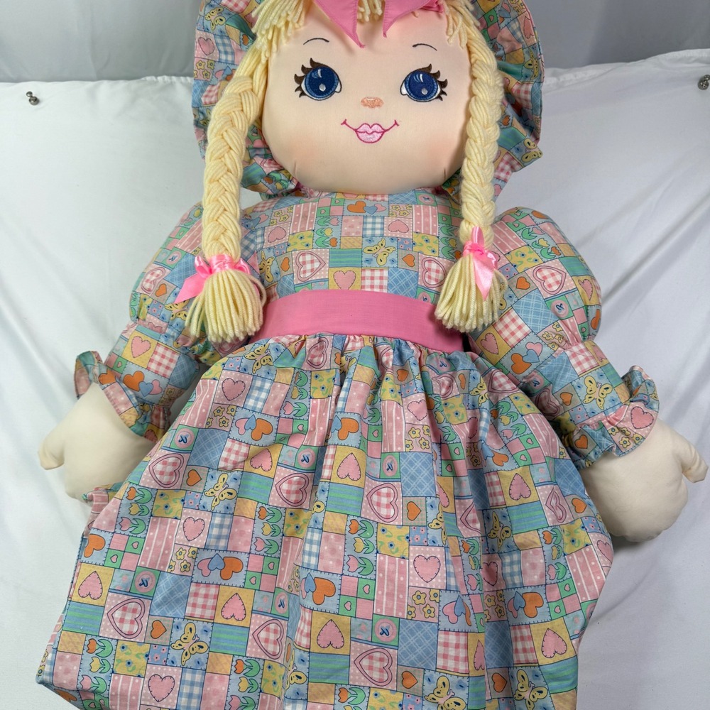 Vintage 1995 Sweetie Mine Jumbo Rag Doll 48" Blonde Braids Patchwork Dress